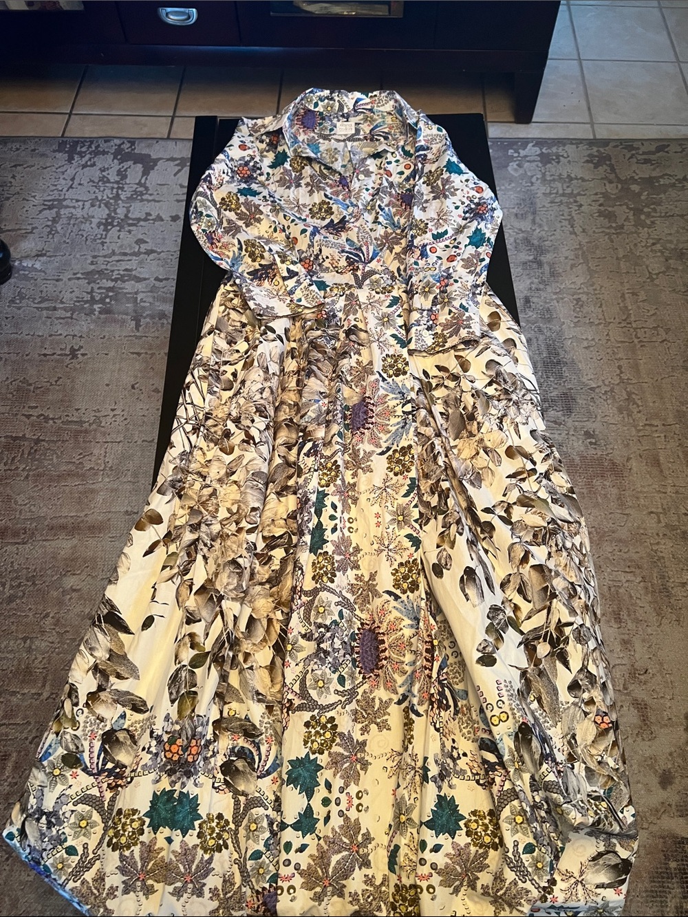 Botanical Print Long Sleeve Maxi Dress in Cream